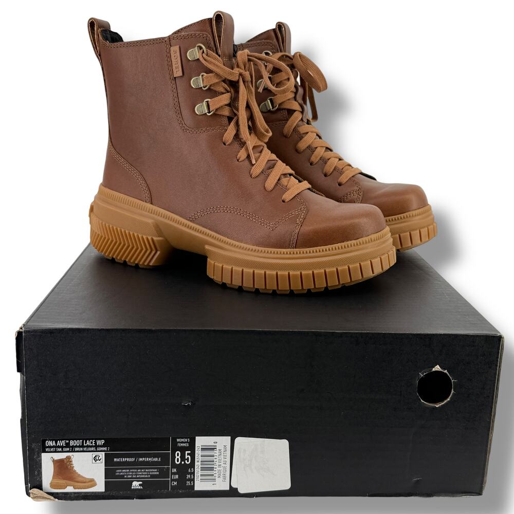 Sorel Ona Ave Lace Waterproof Leather Zip Boots Womens Sz 8.5 Velvet Tan Gum 2